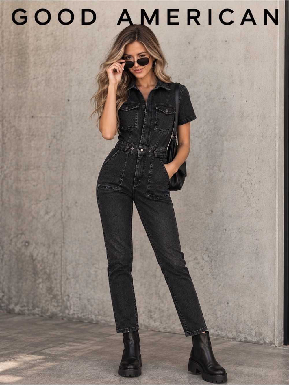 Good American Black Short-Sleeve Denim Utility Jumpsuit NWT Size Small $155 MSRP